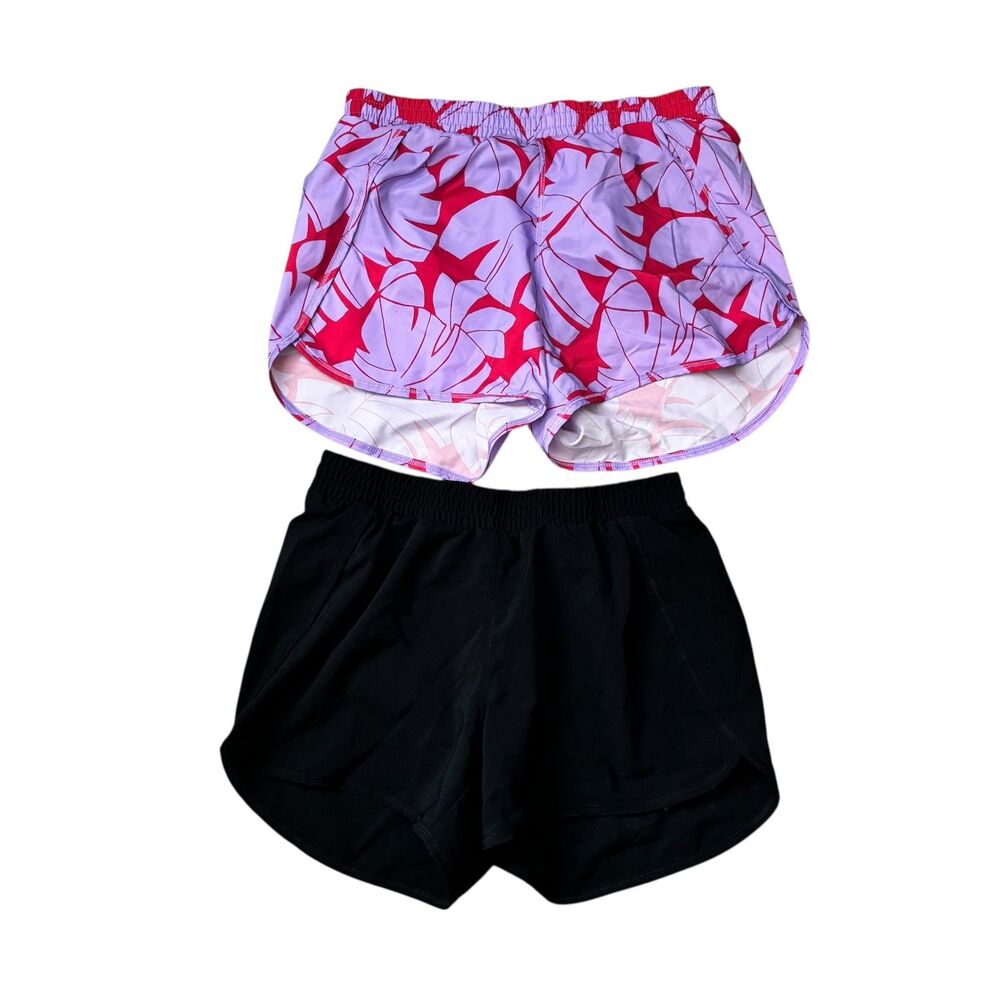 All In Motion Shorts Girls XL Black Purple Red Leaf Print Running Athletic Lot